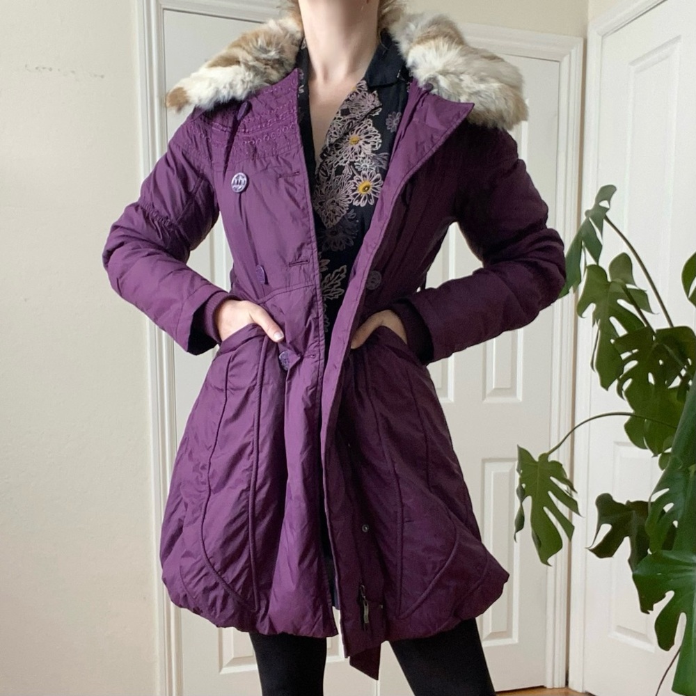 Women's Purple Fur-Trimmed Coat - Picture 2 of 13